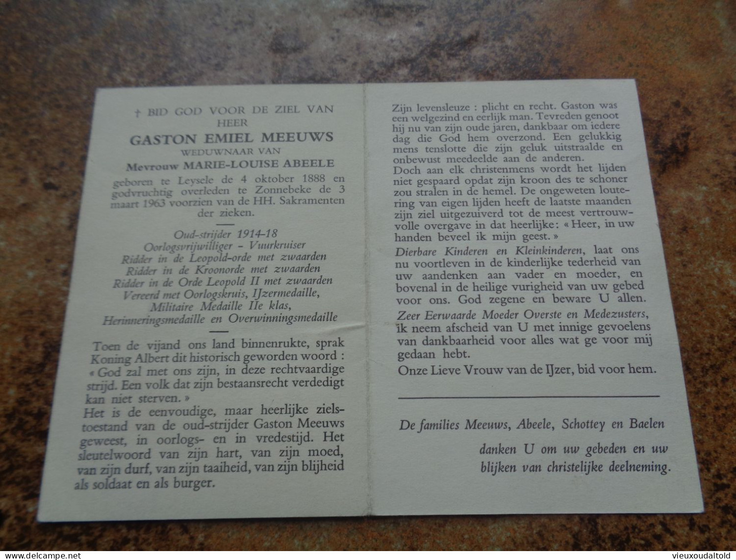 Doodsprentje/Bidprentje  GASTON EMIEL MEEUWS   Leysele 1888-1963 Zonnebeke  (Wdr M-L. ABEELE) O.S. 1914-18.... - Religion & Esotérisme