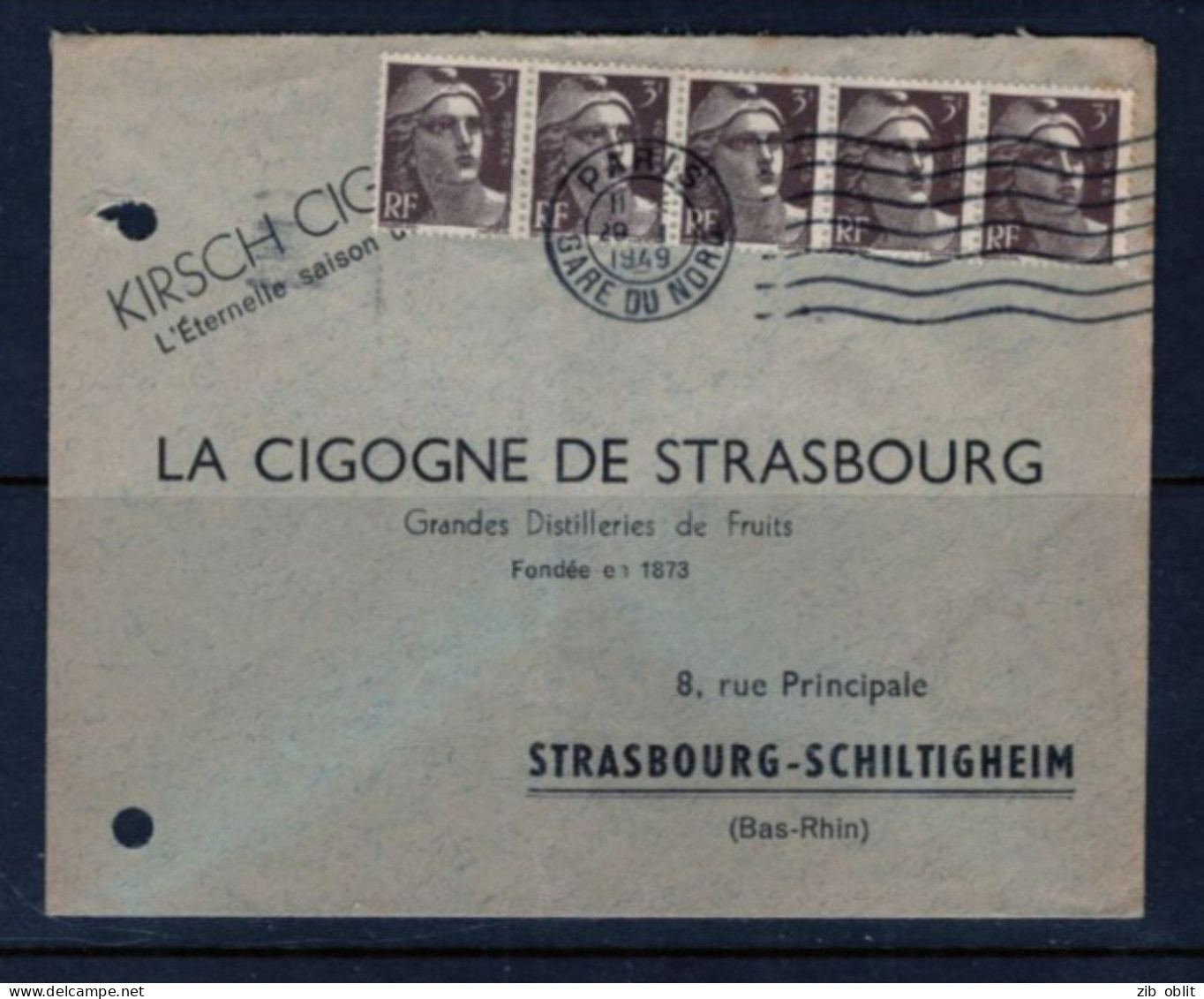 (ALM)  FRANCE  LETTRE 1949 PARIS GARE DU NORD  Kirsch Strasbourg Alcool Cigogne Schiltigheim Gandon - Brieven En Documenten