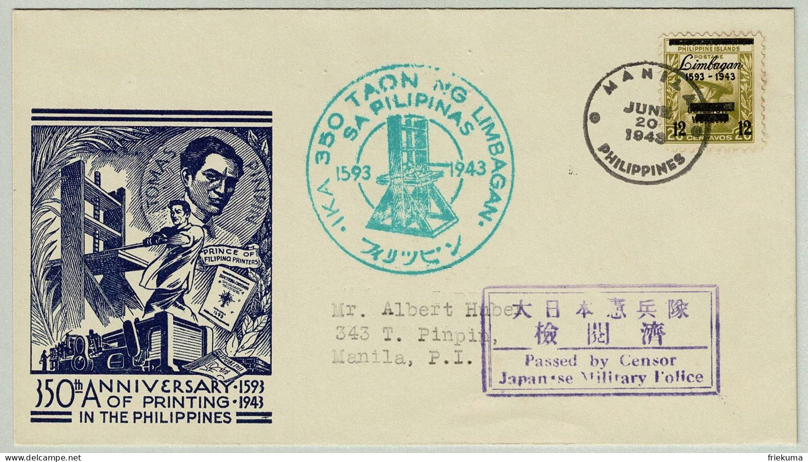 Philippinen / Philippines 1943, Brief Ersttag Manila, Censor Japanese Military Police, Limbagan - Filipinas
