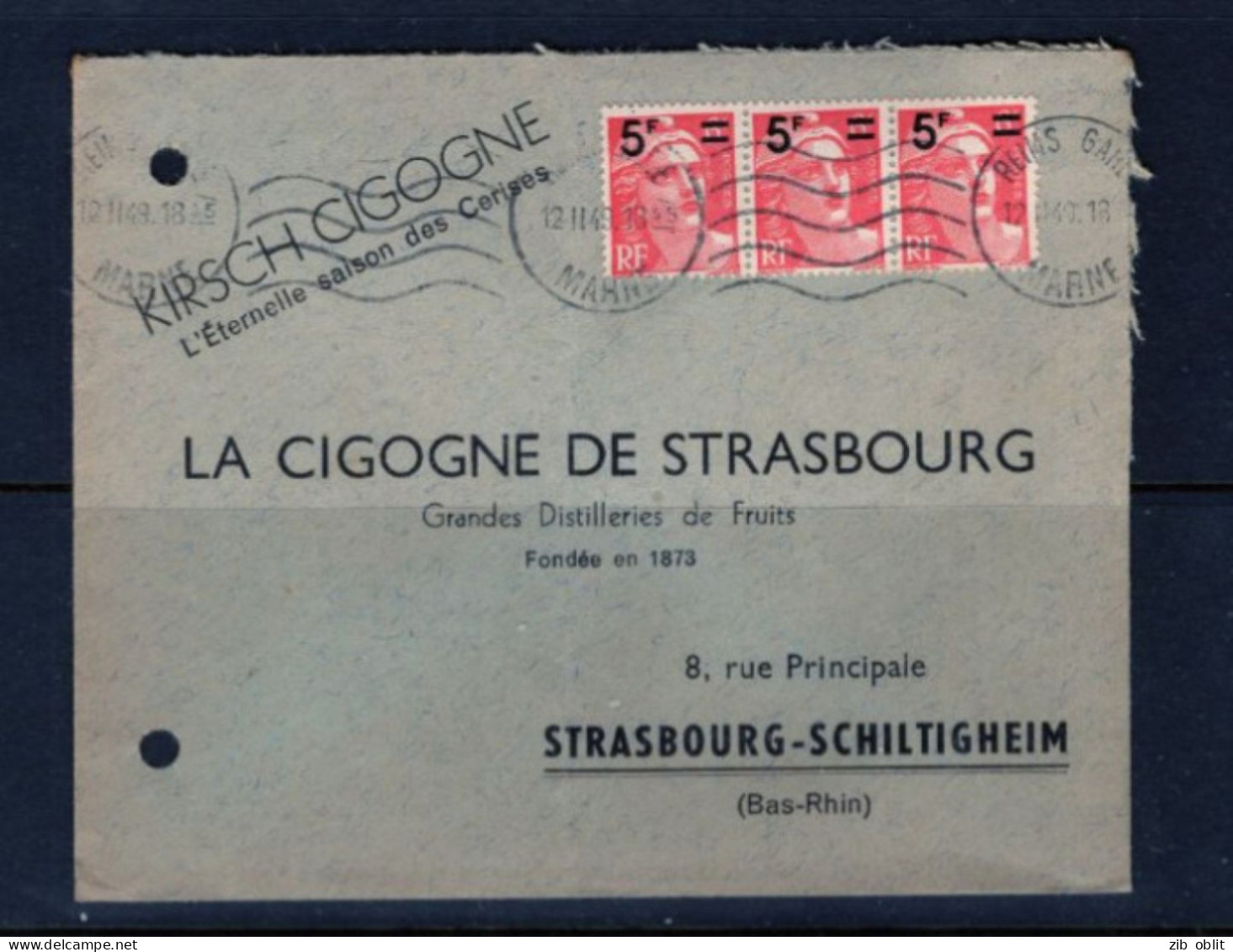 (ALM)  FRANCE  LETTRE 1949 REINS MARNE  Kirsch Strasbourg Alcool Cigogne Schiltigheim Gandon Surcharge - Storia Postale