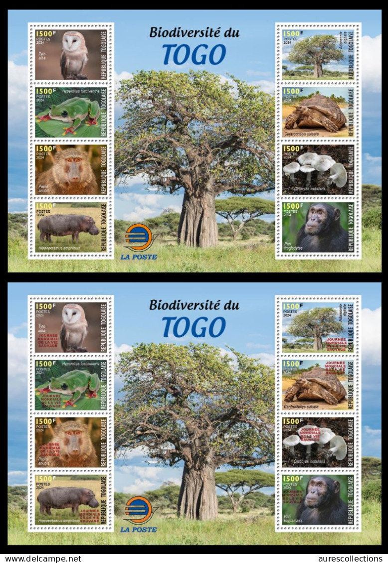 TOGO 2024 MS 8V - REG & OVERPRINT - MUSHROOMS OWL OWLS FROG FROGS TURTLE TURTLES HIPPOPOTAMUS BAOBAB MONKEY MNH - Grenouilles