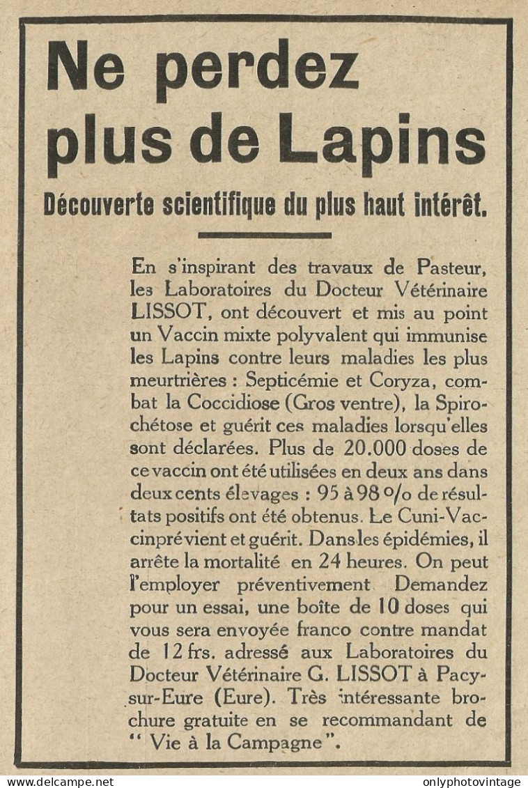 Ne Perdez Plus De Lapins - Pubblicità 1929 - Advertising - Advertising