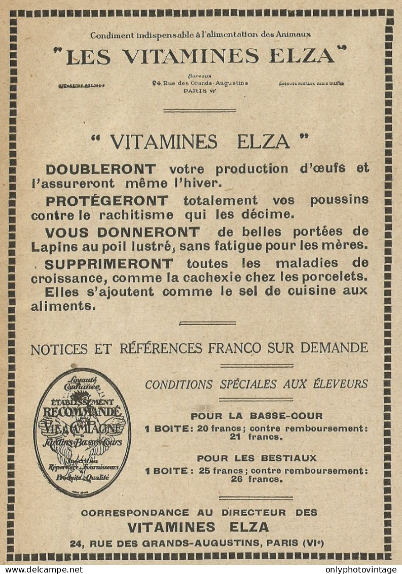 Vitamines ELZA Pour Lapins - Pubblicità 1929 - Advertising - Advertising