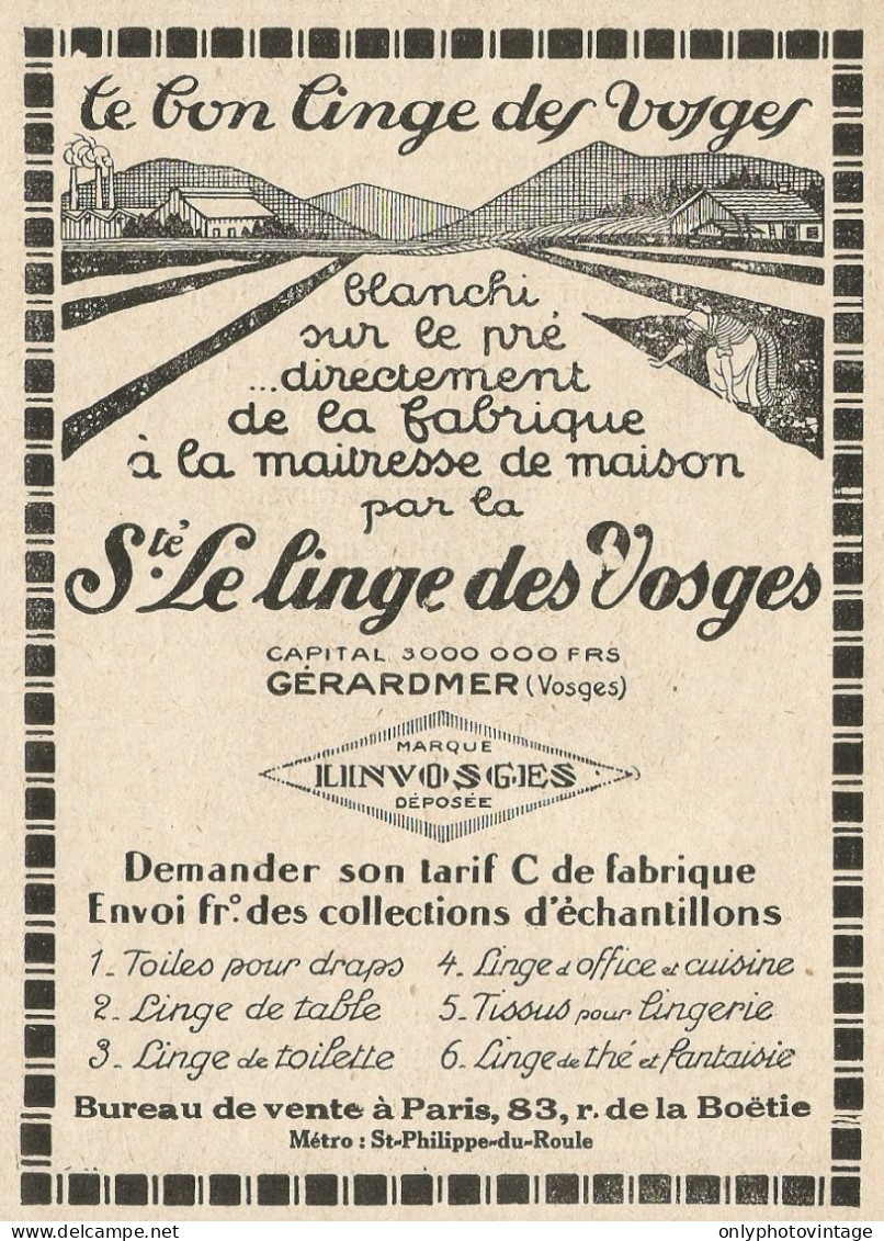 S.tè Le Linge Des VOSGES - Pubblicità 1929 - Advertising - Advertising