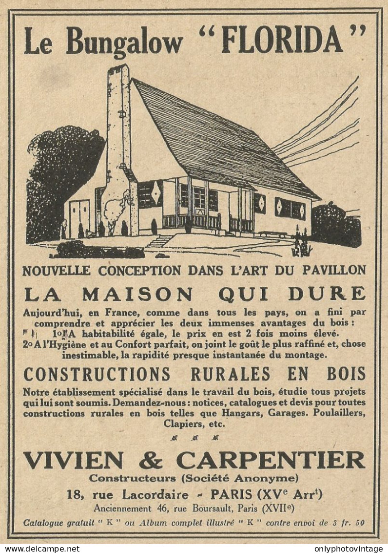 Le Bungalow FLORIDA - Vivien & Carpentier - Pubblicità 1928 - Advertising - Advertising