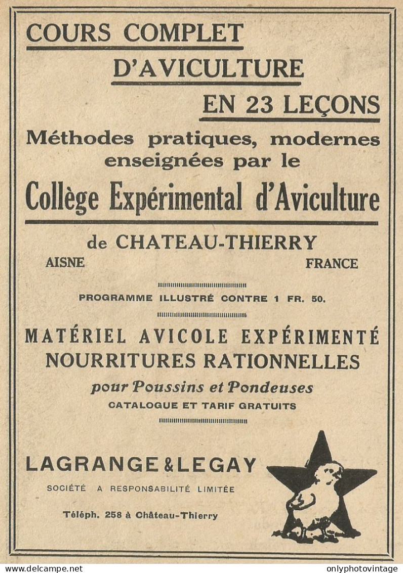 Collège Expèrimental D'Aviculture - LAGRANGE & LEGAY - Pubblicità 1928 - Advertising