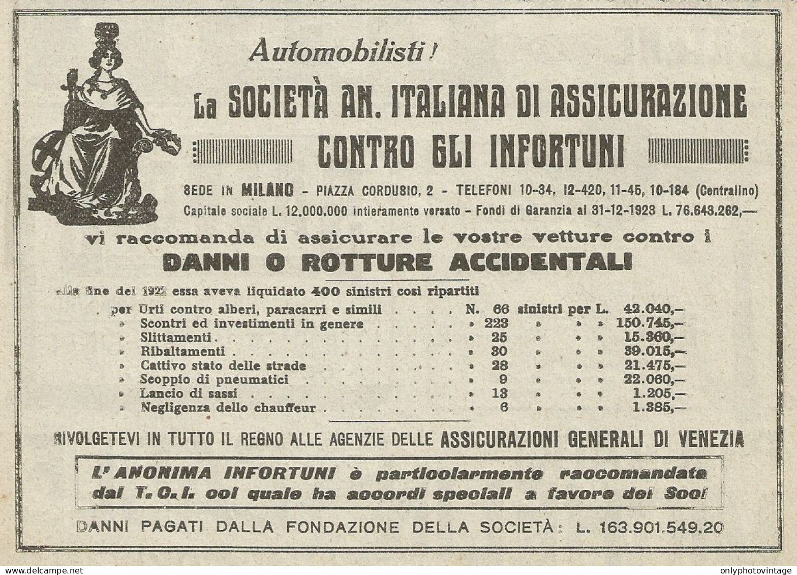 Anonima Infortuni - Assicurazioni Generali Di Venezia - Pubblicità 1933 - Advertising