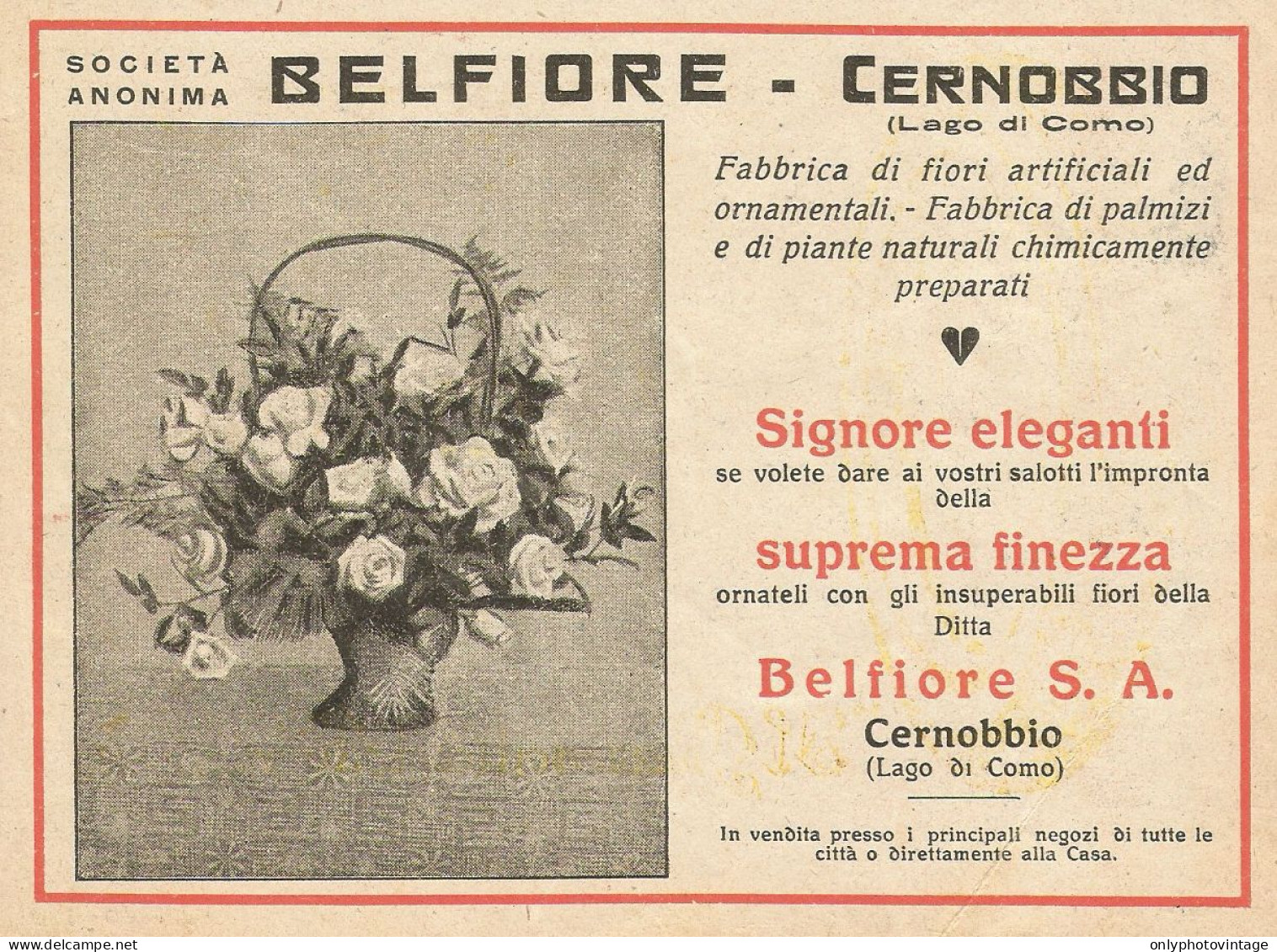 Fabbrica Fiori Artificiali BELFIORE - Cernobbio - Pubblicità 1925 - Adv. - Advertising