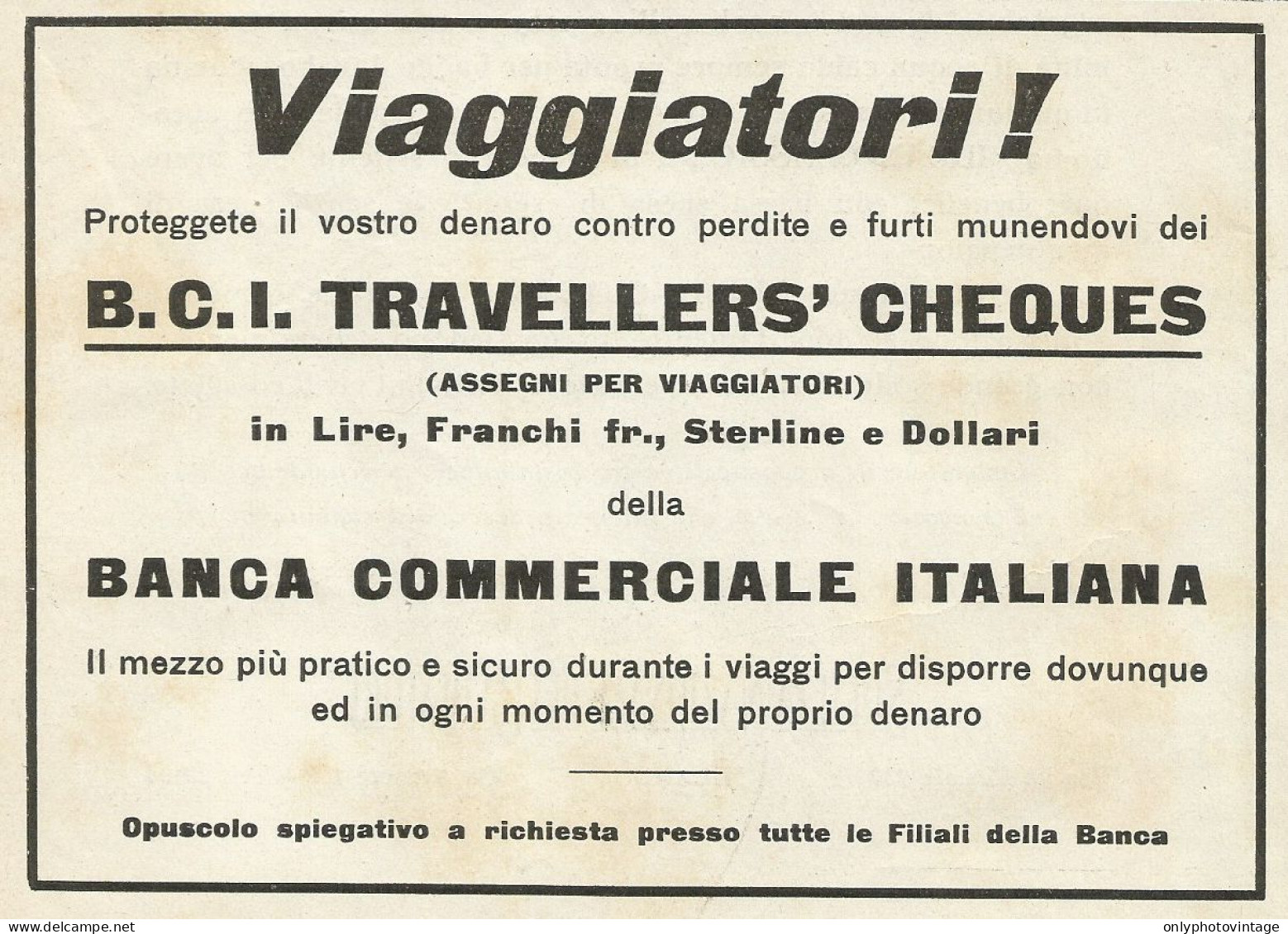 Banca Commerciale Italiana - Assegni Per Viaggiatori - Pubblicità 1930 - Advertising