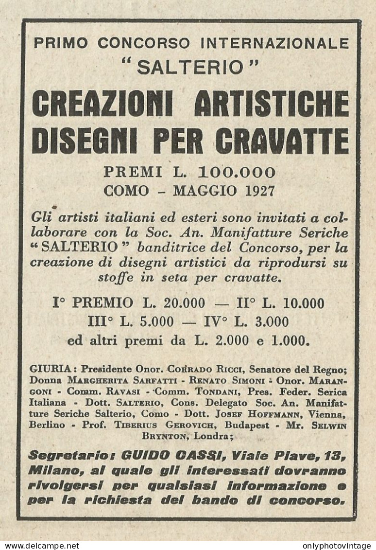 1° Concorso Internazionale SALTERIO Disegnatore Cravatte - Pubblicità 1927 - Reclame