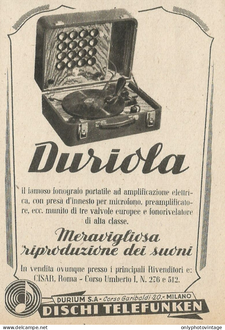 DURIOLA Meravigliosa Riproduzione Dei Suoni - Pubblicità 1943 - Advertis. - Reclame