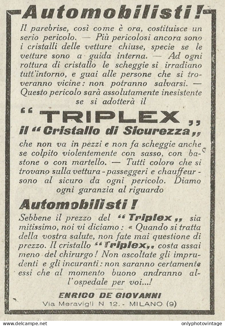 TRIPLEX Il Cristallo Di Sicurezza - Pubblicità 1933 - Advertising - Reclame