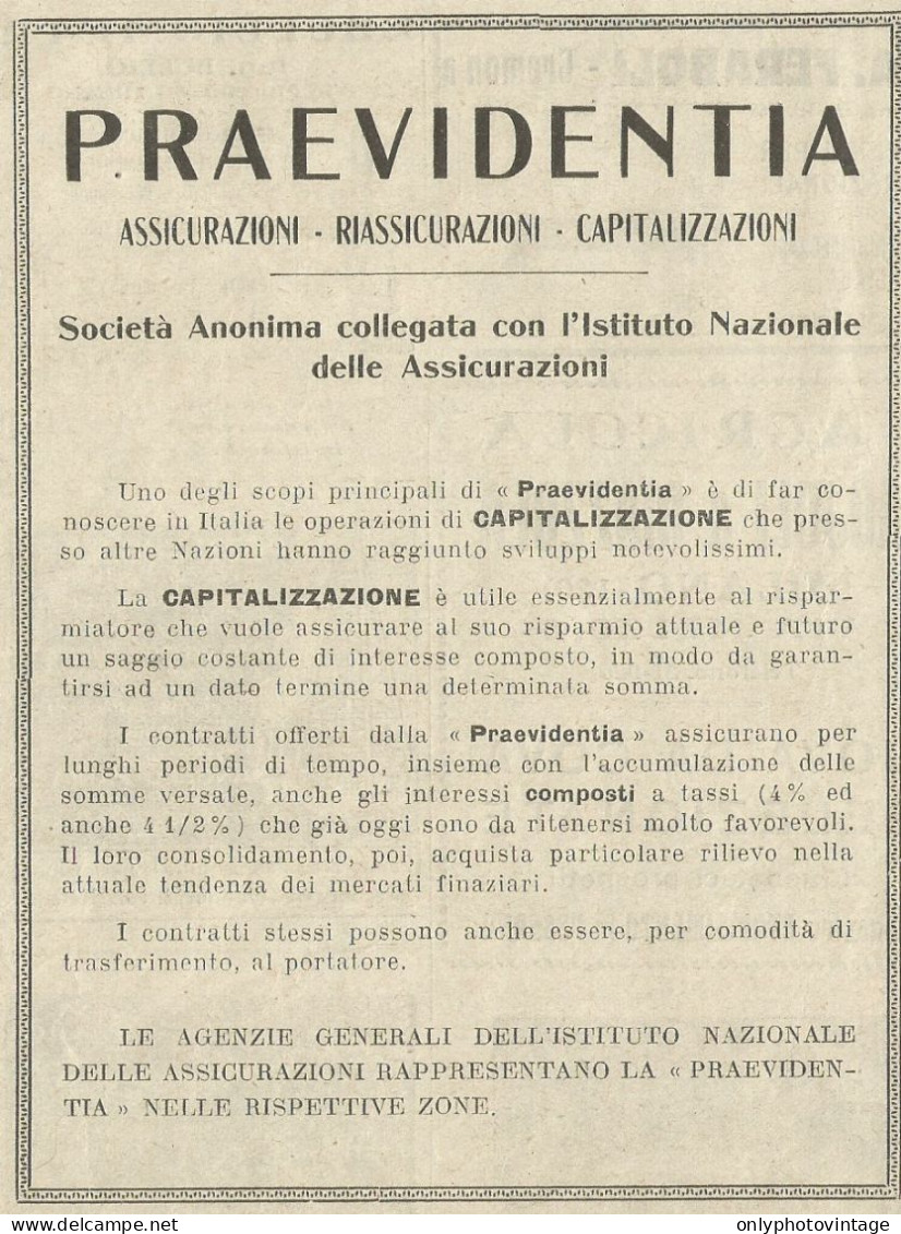 Assicurazioni PRAEVIDENTIA - Pubblicità 1933 - Advertising - Werbung