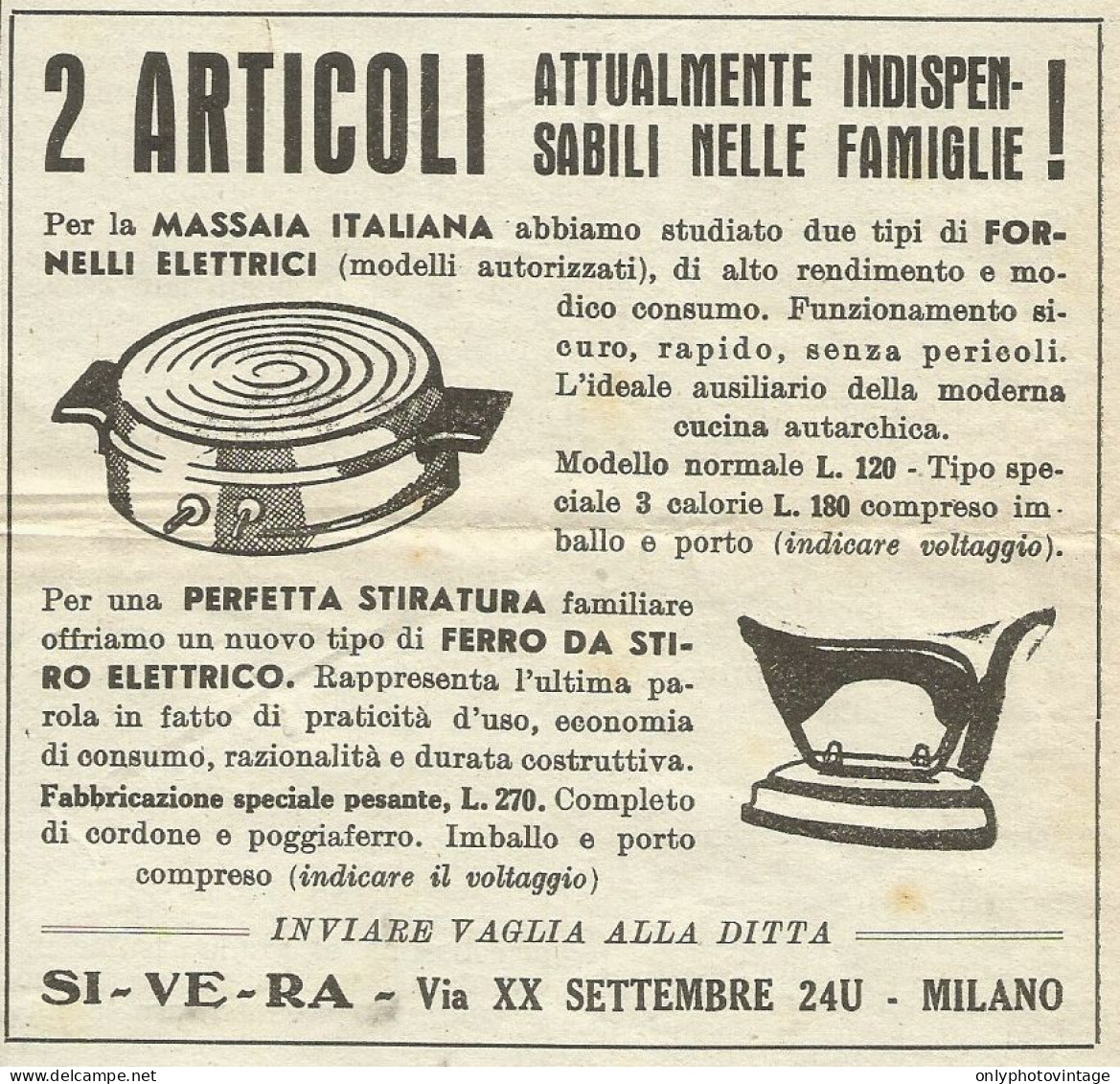 Fornelli Elettrici E Ferro Da Stiro - SIVERA - Pubblicità 1943 - Advertis. - Werbung