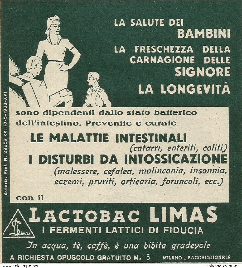 Fermenti Lattici Lactobac LIMAS - Pubblicità 1939 - Advertising - Werbung