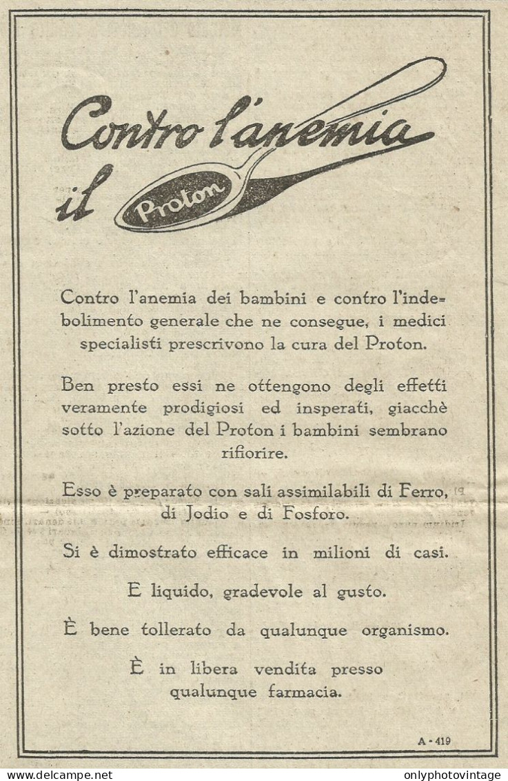 PROTON Contro L'anemia - Pubblicità 1931 - Advertising - Reclame