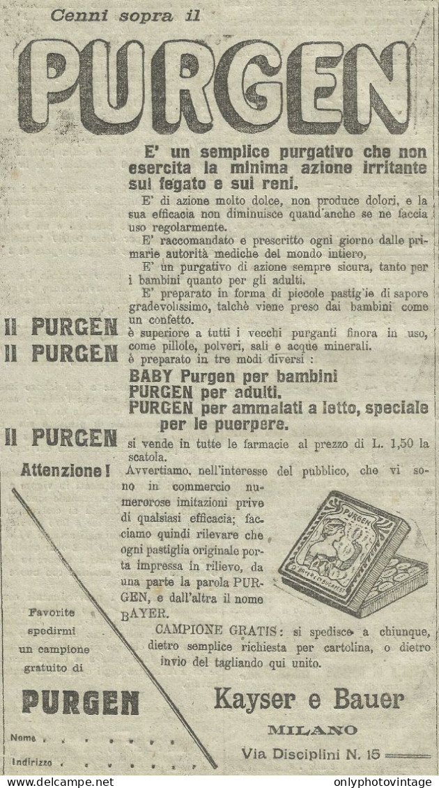 PURGEN Il Purgativo Ideale - Kayser E Bauer - Pubblicità 1910 - Advertis. - Reclame