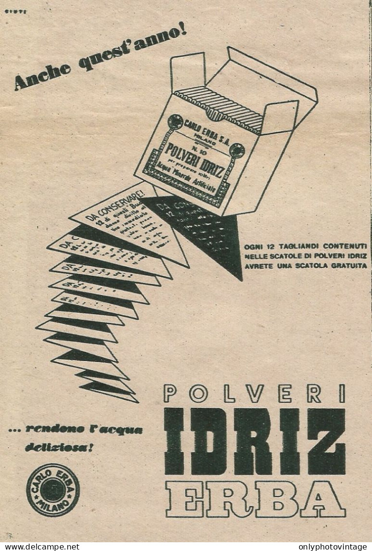 Polveri Idriz Carlo ERBA Rendono L'acqua Deliziosa - Pubblicità 1939 - ADV - Publicités