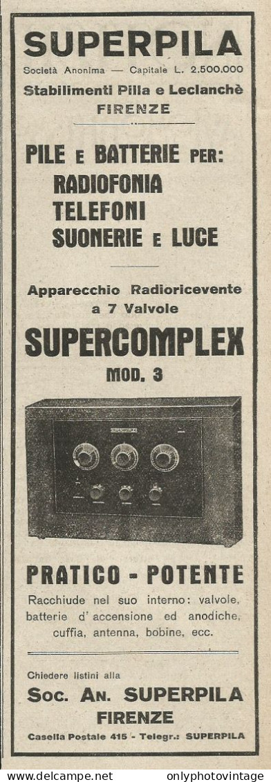 Apparecchio Radioricevente SUPERCOMPLEX - Pubblicità 1927 - Advertising - Publicités