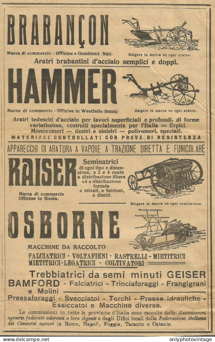 Aratri HAMMER - Seminatrici KAISER - Pubblicità 1912 - Advertising - Pubblicitari