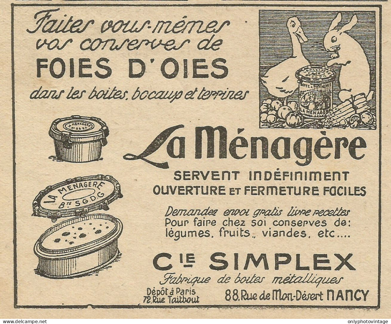 Foies D'Oies La Mènagère - Nancy - Pubblicità 1928 - Publicitè - Publicités