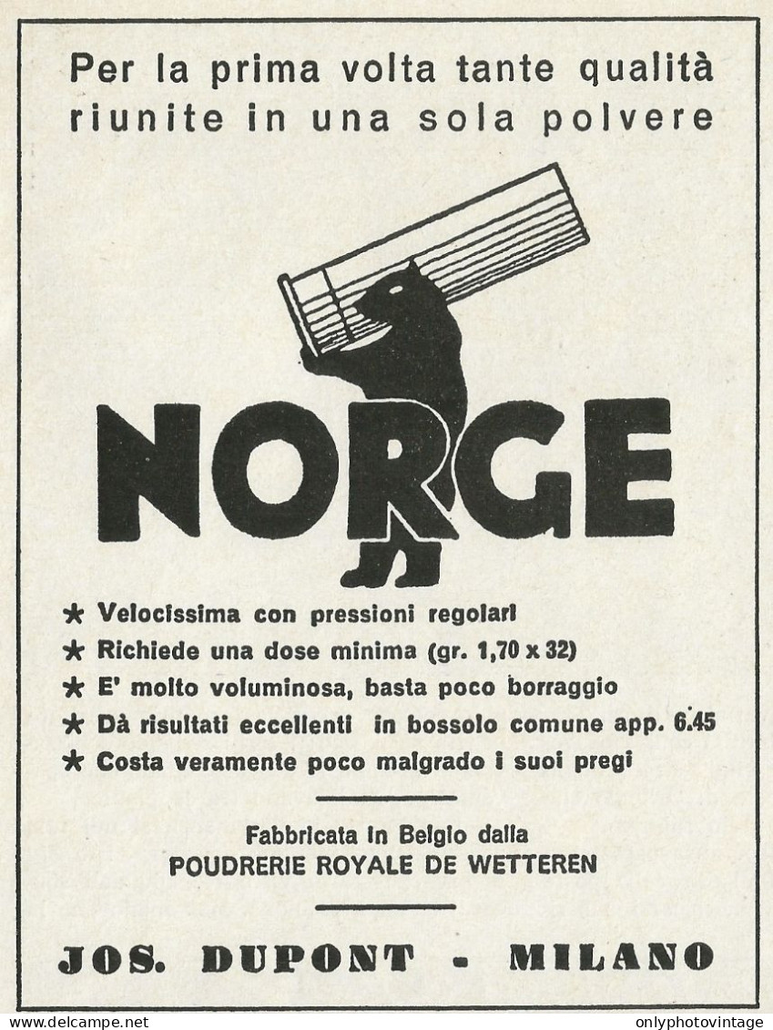 Polvere Da Sparo NORGE - JOS. DUPONT - Pubblicità 1961 - Advertising - Publicités