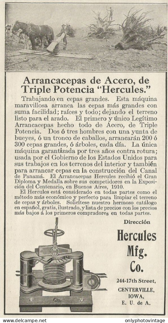 Arrancacepas De Acero De Triple Potencia HERCULES - Pubblicità 1913 - Adv. - Publicités