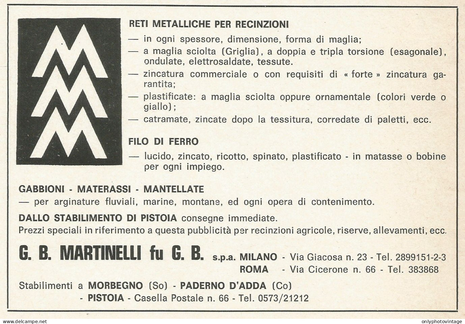 Reti Metalliche Per Recinzioni MARTINELLI - Pubblicità 1972 - Advertising - Publicidad