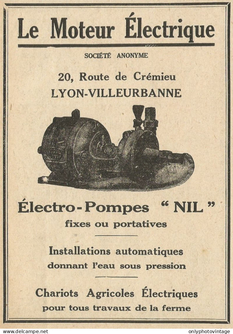 Le Moteur Electrique - Electro Pompes NIL - Pubblicità 1929 - Advertising - Publicités