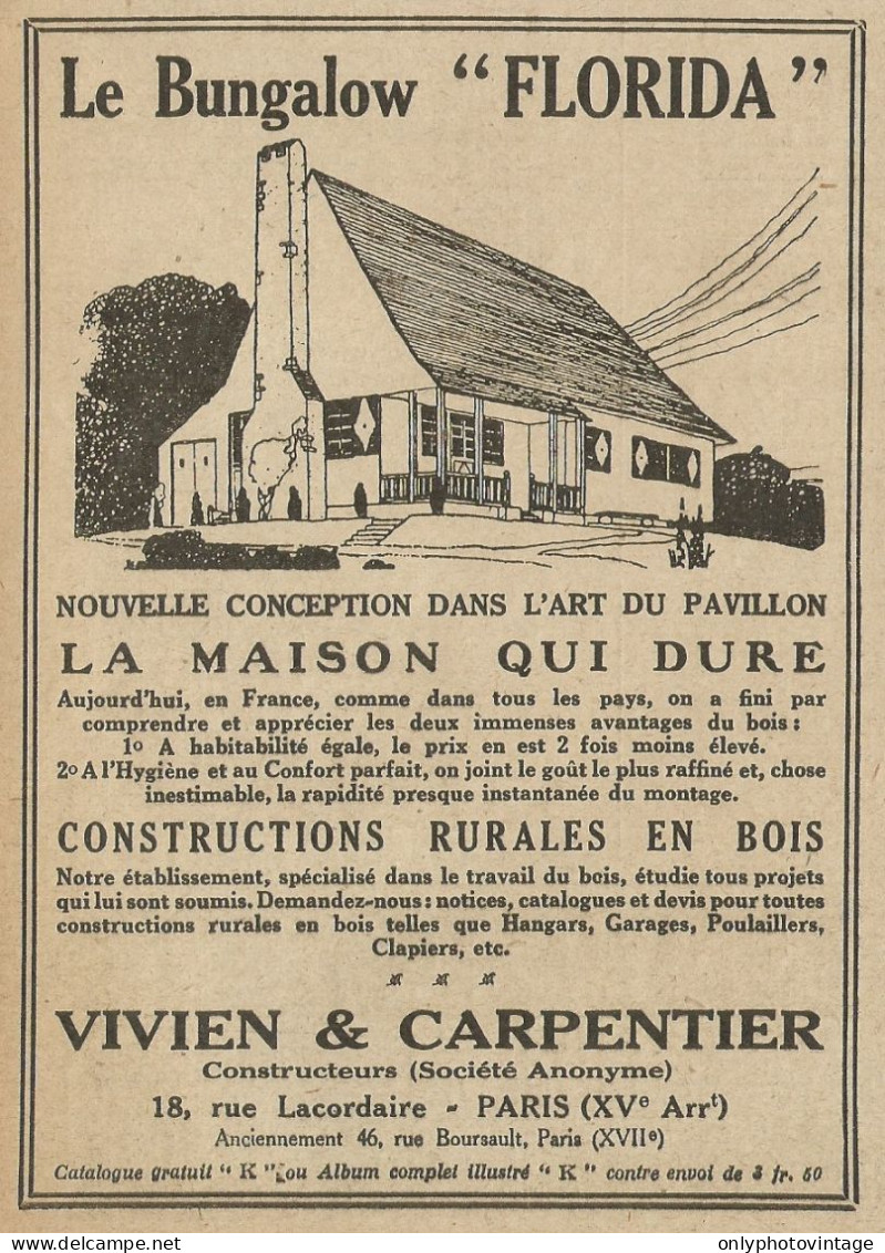 Vivien & Carpentier - Le Bungalow FLORIDA - Pubblicità 1928 - Advertising - Advertising