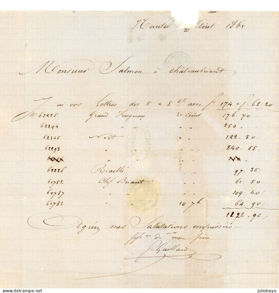 21 Aout 1861 N°16 Fleur De Planche TTB Pc 2221 Nantes Vers Chateaubriant - 1849-1876: Période Classique