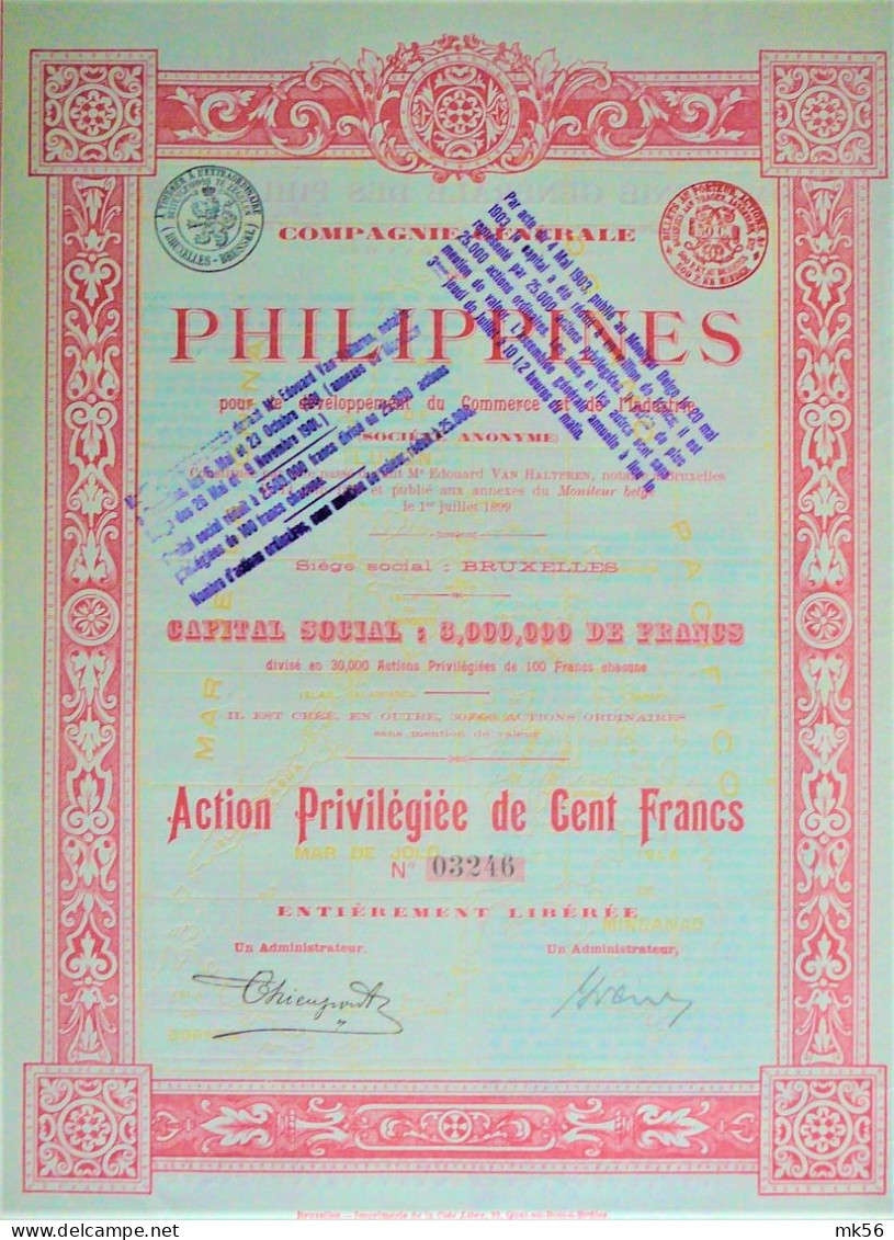 2 Actions - Cie Générale Des Philippines : Action Privilégiée De 100 Fr + Action Ordinaire - Spoorwegen En Trams