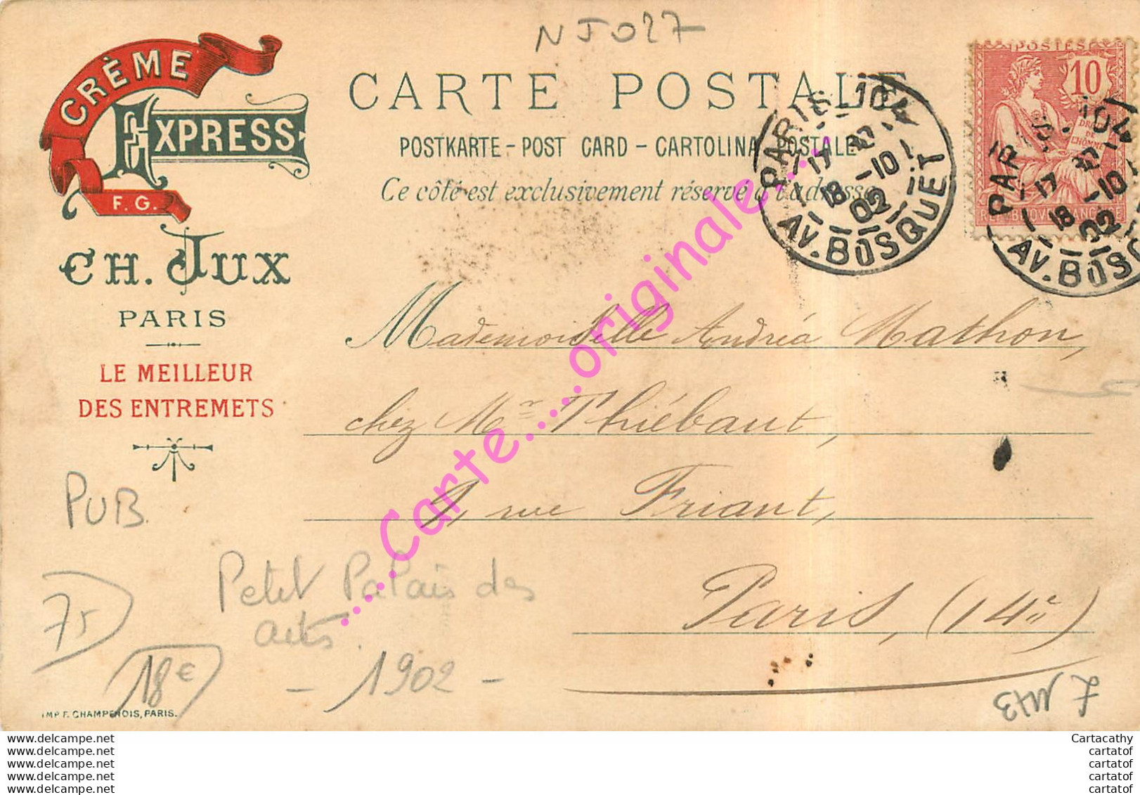 PARIS .  Petit Palais Des Arts .  CPA Pub. Crème EXPRESS CH. JUX . - Sonstige & Ohne Zuordnung