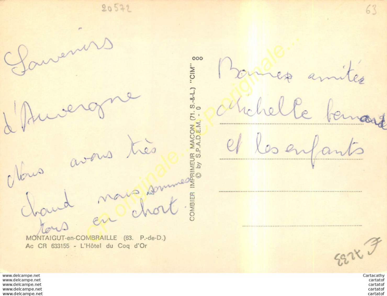 63. MONTAIGUT En COMBRAILLE . Hôtel Du Coq D'Or . - Montaigut