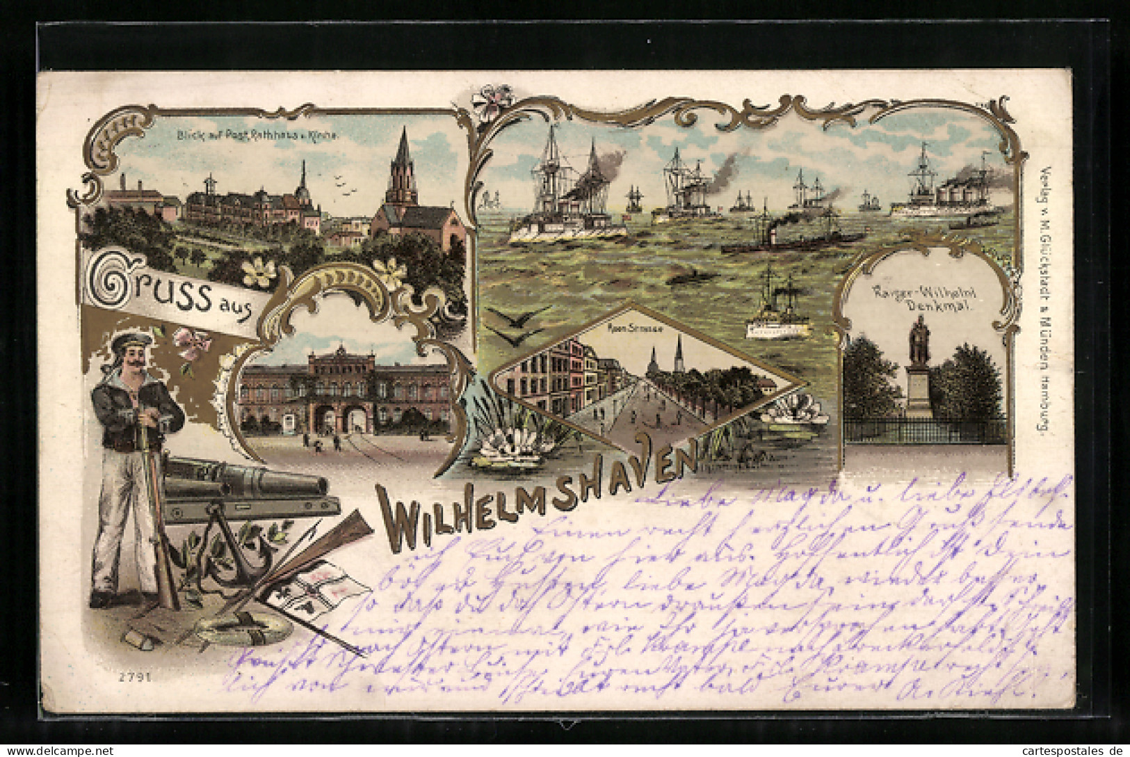 Lithographie Wilhelmshaven, Matrose Mit Geschütz Und Gewehr, Kriegsschiffe, Roonstrasse, Post, Rathaus & Kirche  - Wilhelmshaven