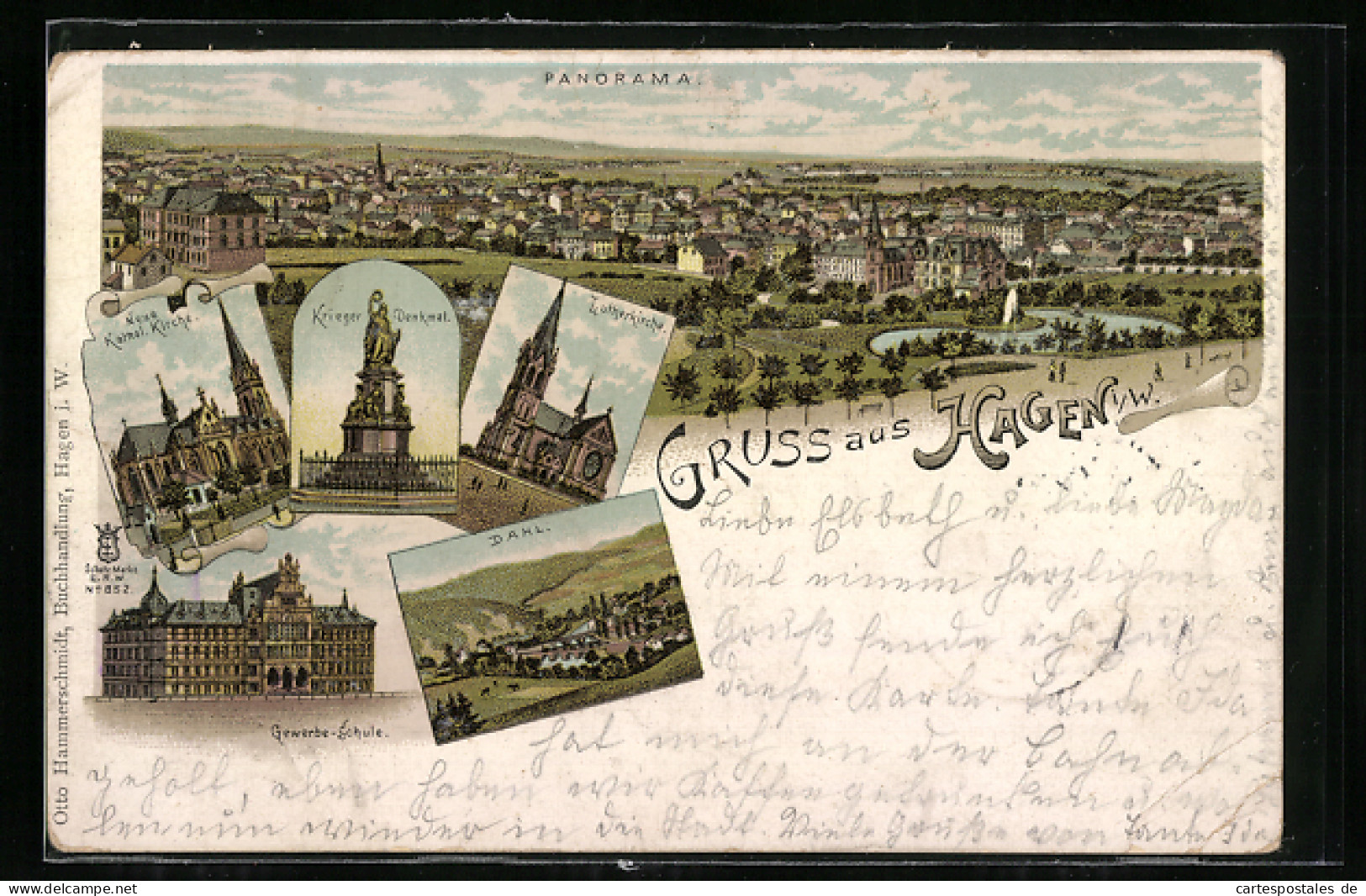 Lithographie Hagen I. W., Kriegerdenkmal, Lutherkirche, Gewerbe-Schule, Kath. Kirche Und Panorama  - Hagen