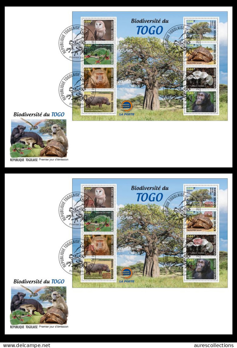 TOGO 2024 MS 8V FDC - REG & OVERPRINT - MUSHROOMS OWL OWLS FROG FROGS TURTLE TURTLES HIPPOPOTAMUS BAOBAB MONKEY - Rane