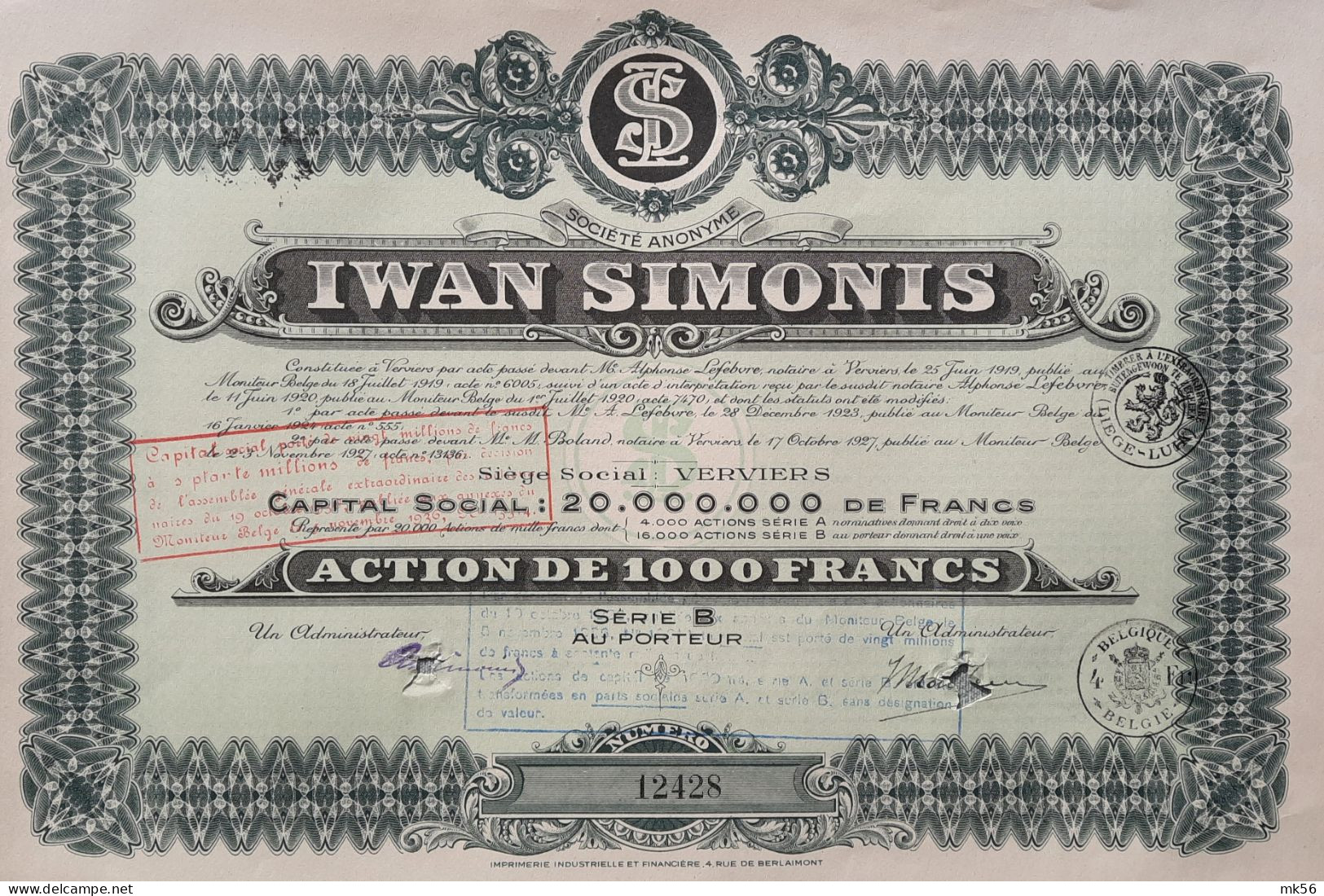 IWAN SIMONIS - 1927 - Verviers - Action De 1000 Francs - Sonstige & Ohne Zuordnung