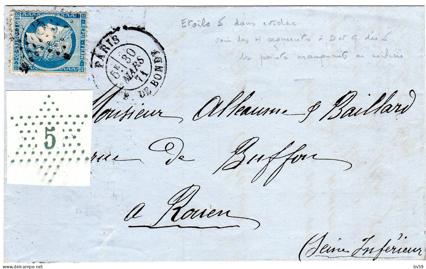 Paris - LAC Affr N° 37 Obl Etoile 5 (n° 3656 5 Normal Dans étoile évidée, Les 4 Segments Intacts) Tàd R. De Bondy - 1849-1876: Période Classique