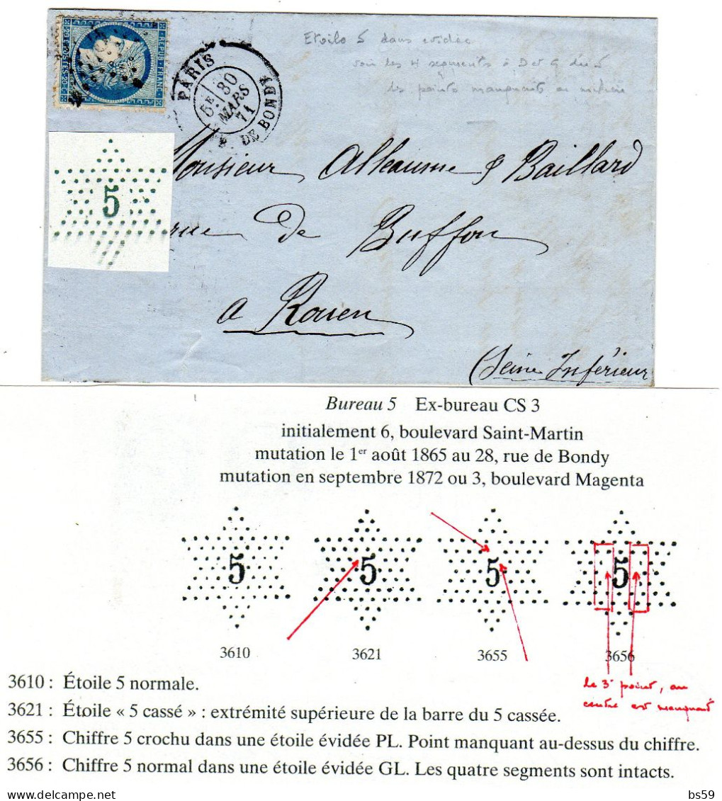 Paris - LAC Affr N° 37 Obl Etoile 5 (n° 3656 5 Normal Dans étoile évidée, Les 4 Segments Intacts) Tàd R. De Bondy - 1849-1876: Periodo Clásico