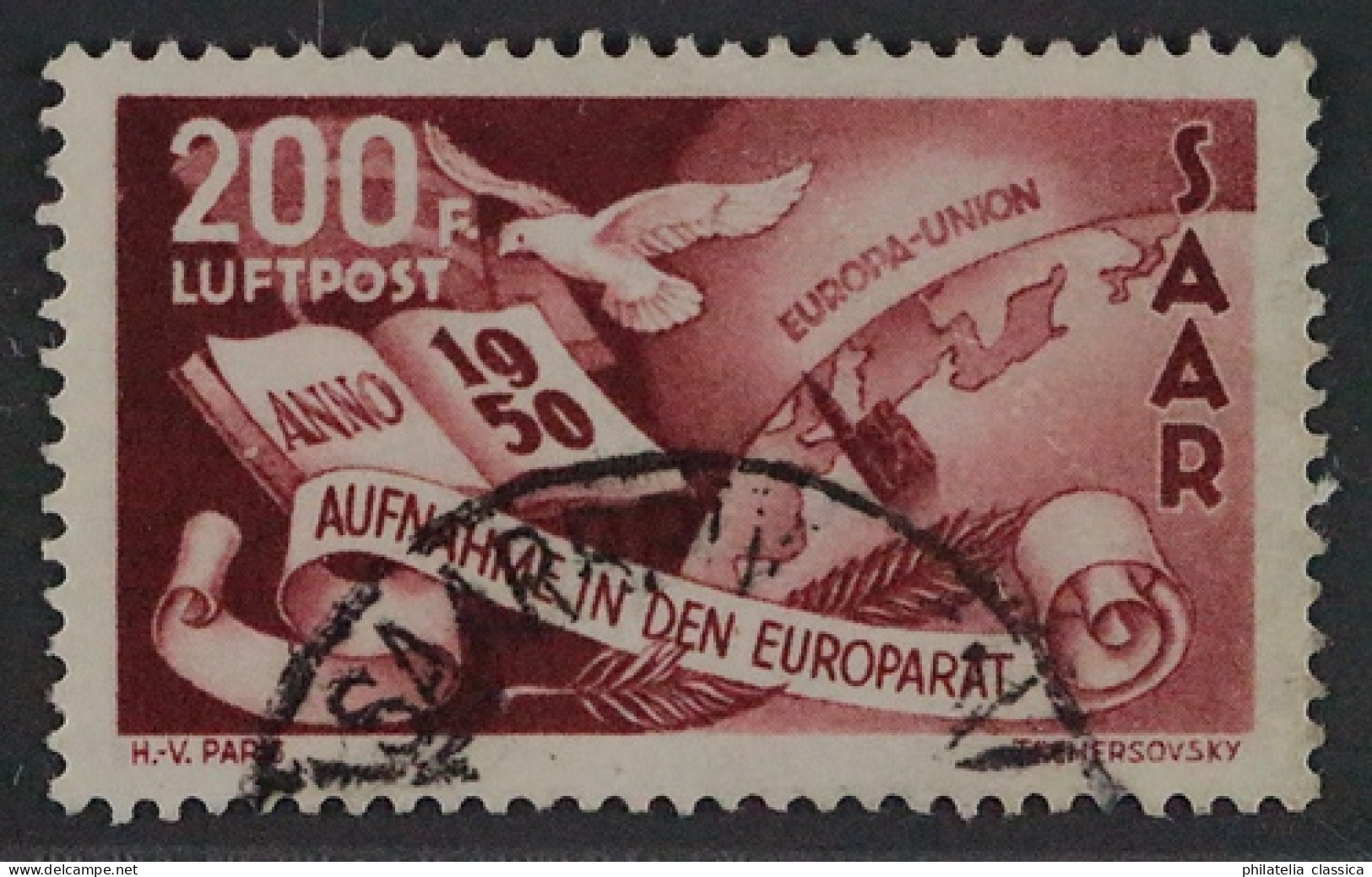 SAARLAND 298 I,  200 Fr. Europarat Mit  PLATTENFEHLER Selten, Geprüft KW 900,- € - Used Stamps