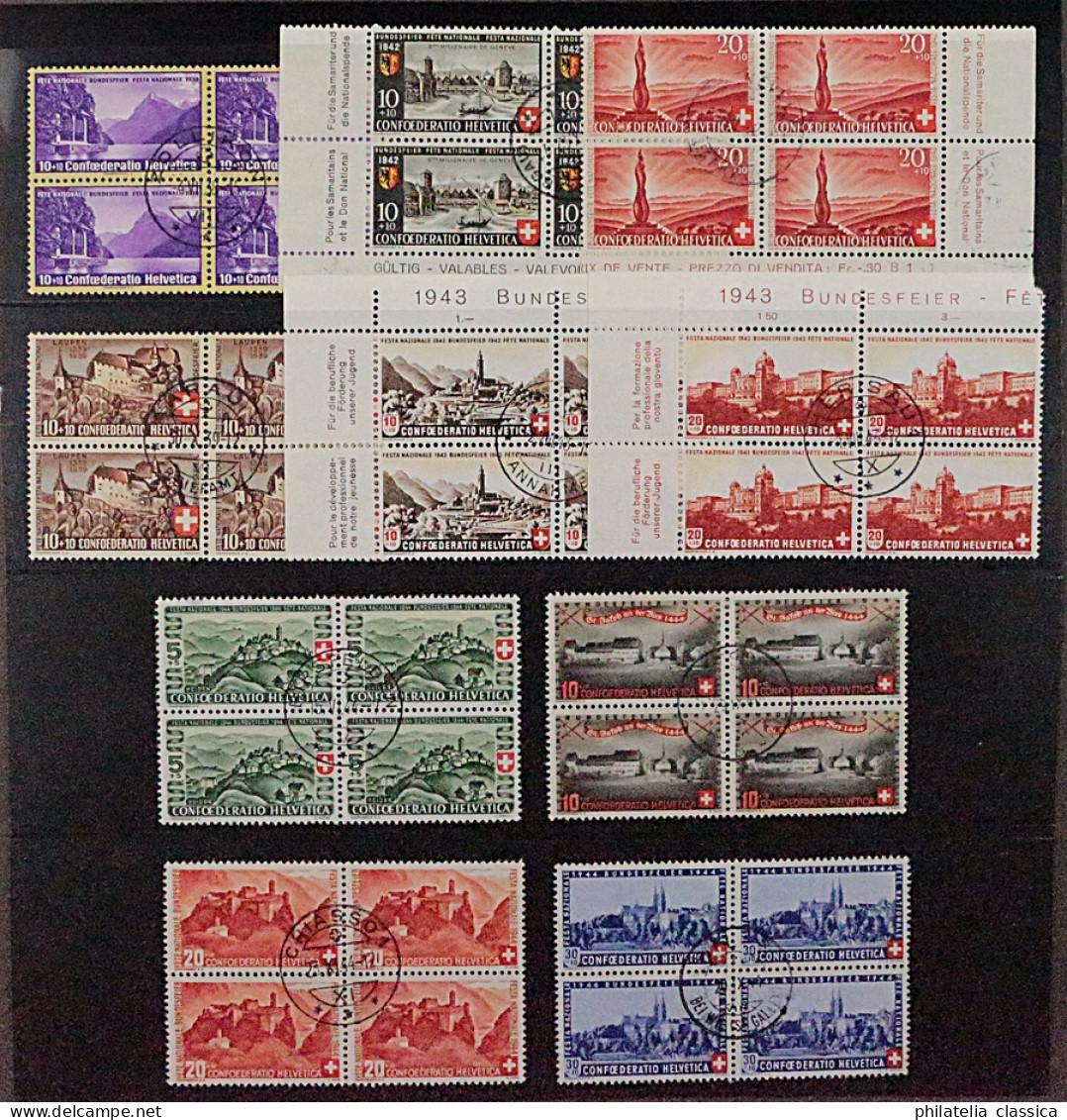 SCHWEIZ, VIERERBLOCK Patria 1938-44 Kpl (SBK B1-25) Zentrum-Stempel, 260,-SFr - Used Stamps