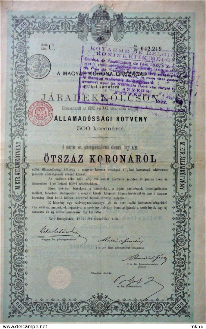 Königreich  Ungarn - Staatsschuld Verschreibung - 500 Kronen - 4 % - 1892 !! - Altri & Non Classificati