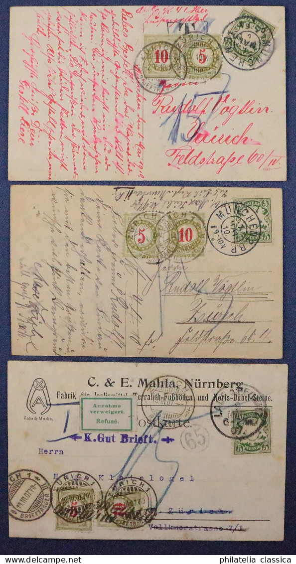 Bayern, 1910, Drei Postkarten In Die Schweiz, Alle Mit Schweizer Portomarken - Briefe U. Dokumente