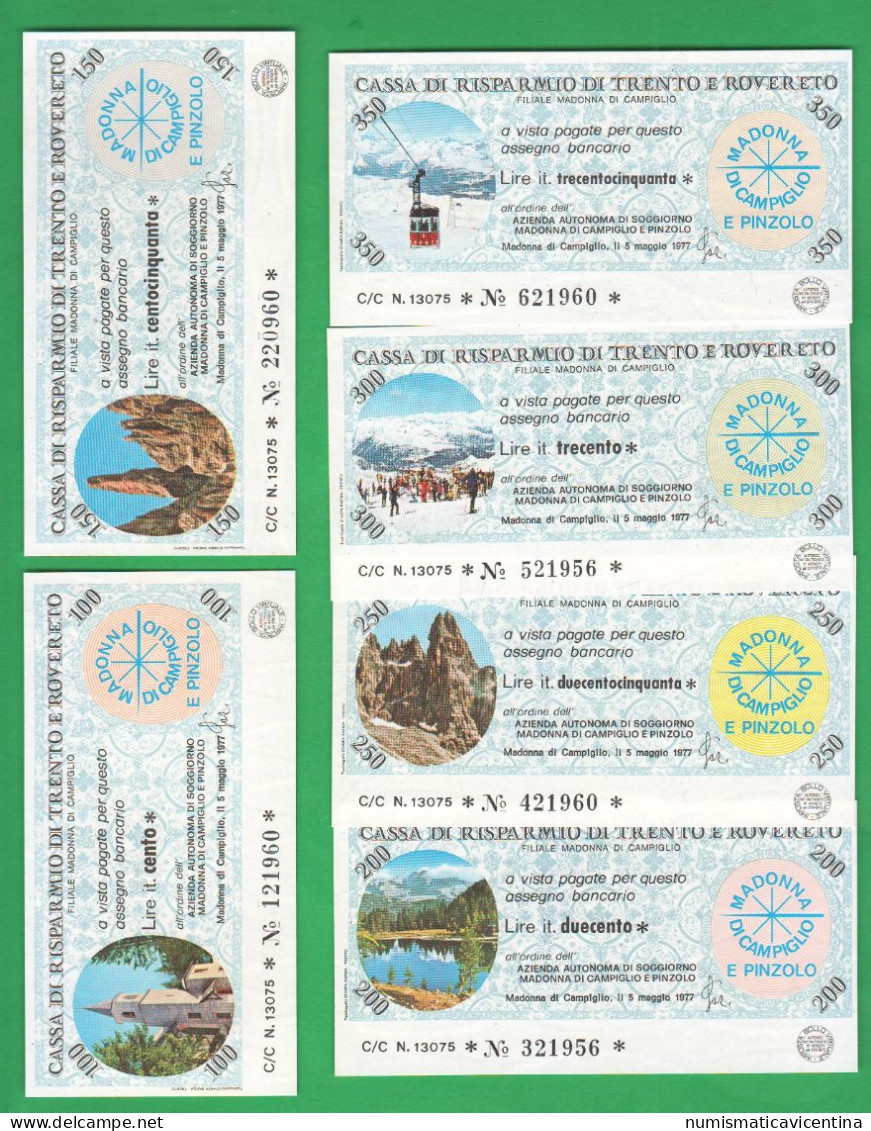 Trento Rovereto Cassa Risparmio Miniassegni 1977 X 100 150 200 250 300 350 Lire Madonna Campiglio Turistiche - [10] Scheck Und Mini-Scheck