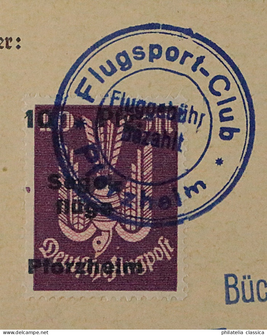 Flugmarke 13 E, Büchelberg 10 Mk. Auf Karte *FLUGZEUG ROTER TEUFEL*, KW 150,- € - Emissions De Nécessité Zone Britannique