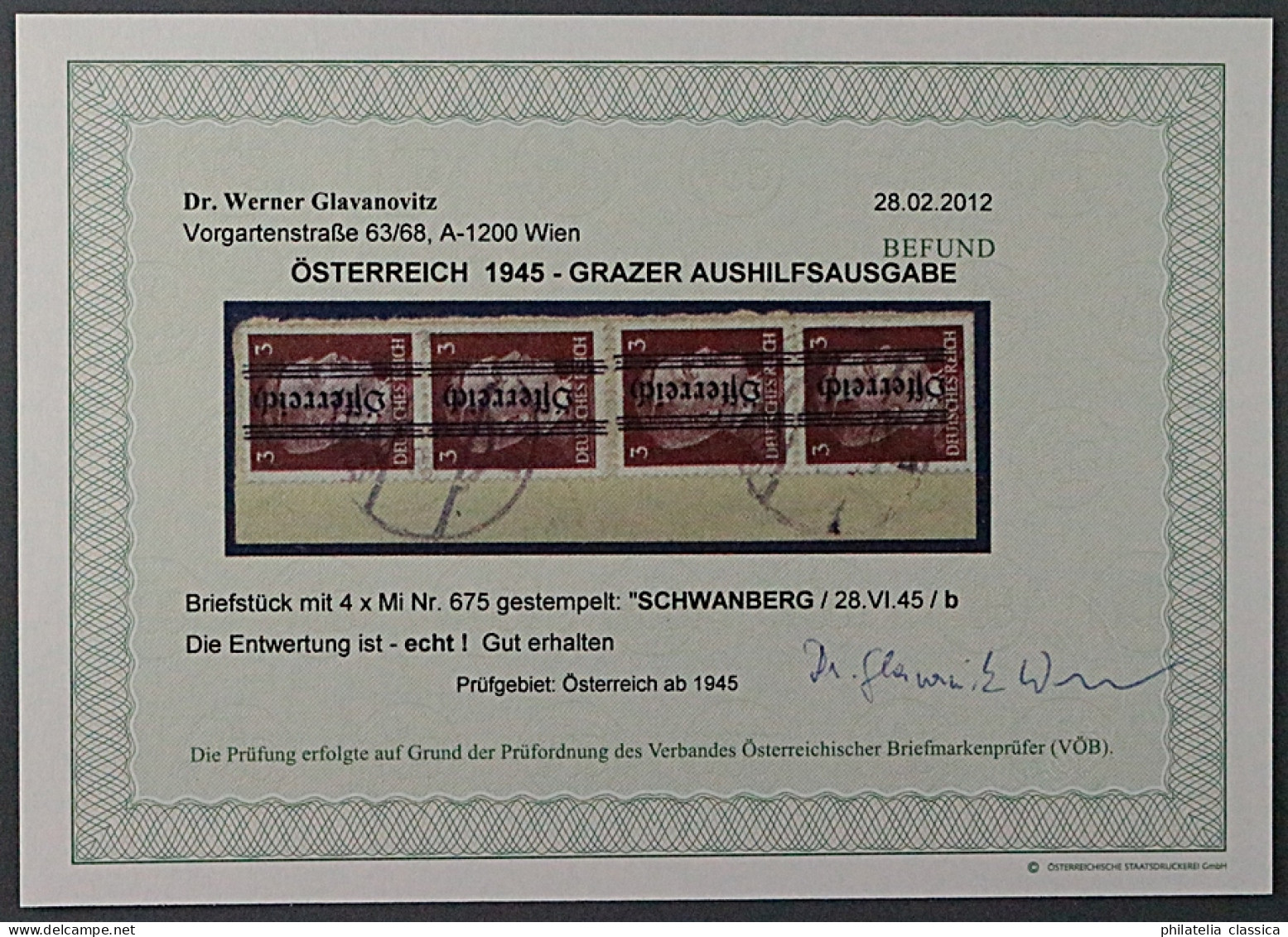 Österreich  675 (4), Hitler 3 Pfg. Vier Werte, Briefstück, Befund VÖB KW 240,- € - Usati
