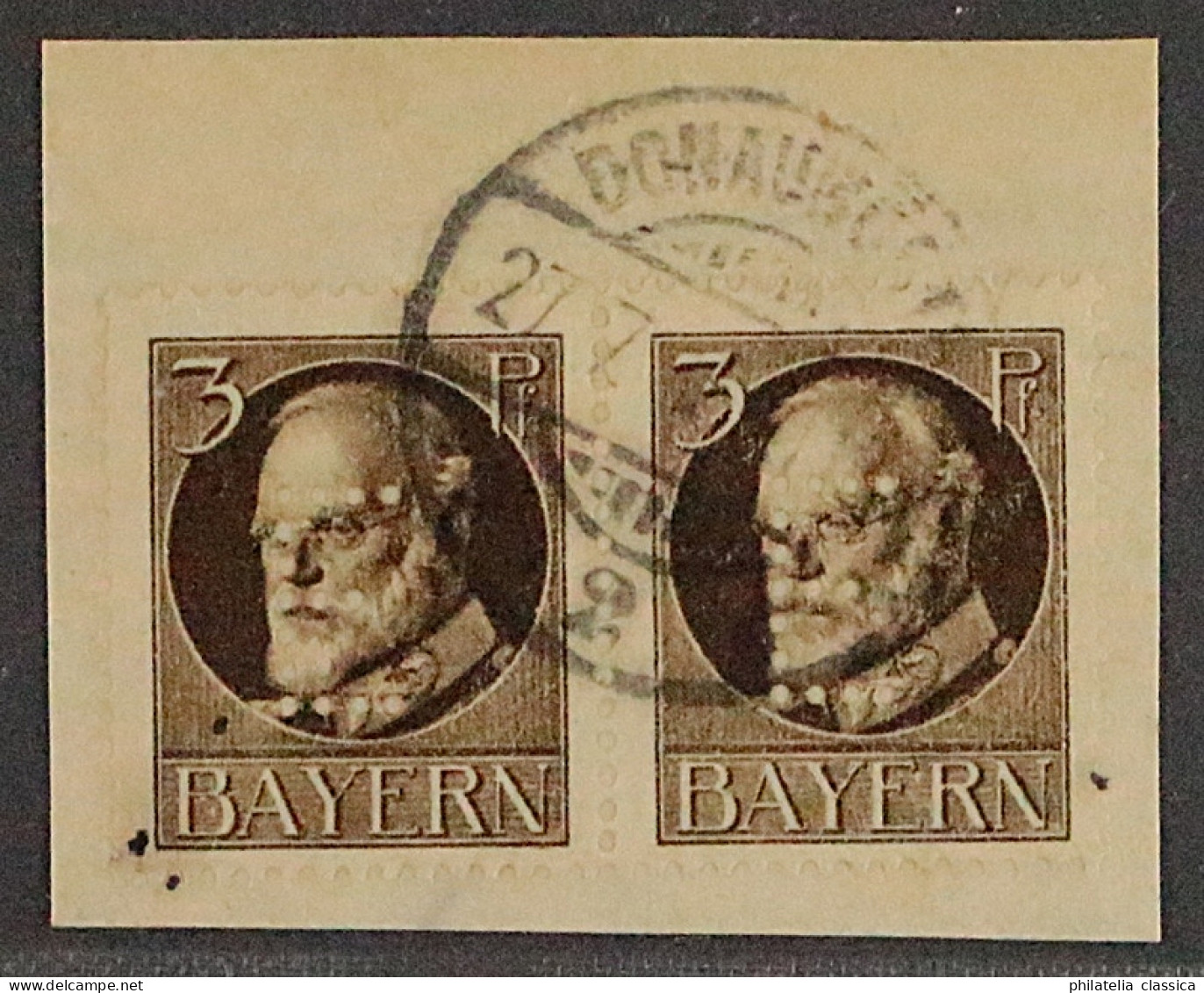 Dienstmarke  12,  Ludwig 3 Pf. E-Lochung, Paar, Briefstück, Geprüft KW 280,- € - Used