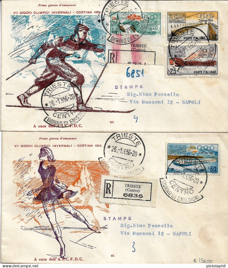 2 Fdc AICFDC: GIOCHI OLIMPICI INVERNALI (1956); Raccomandata; Annullo Filatelico Trieste - FDC