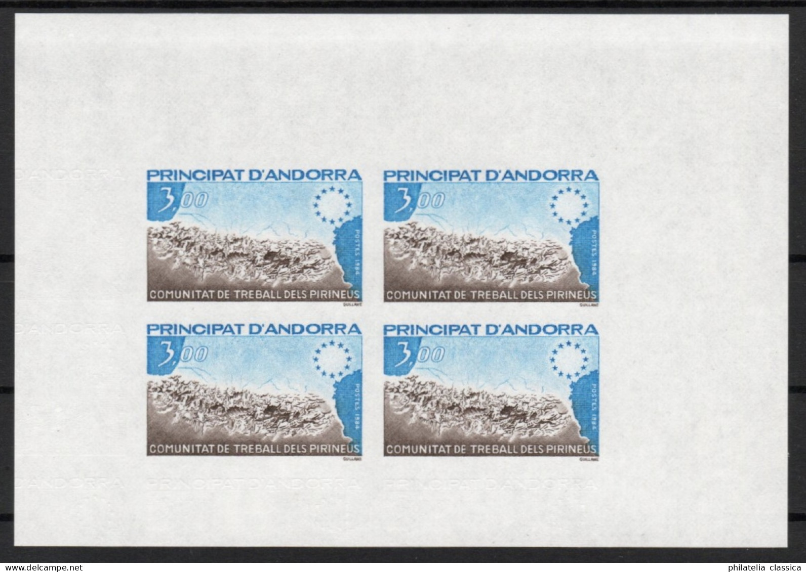ANDORRA Französisch 349 U ** Vierer-Bogen, Pyrenäen-Karte, UNGEZÄHNT, Selten - Unused Stamps